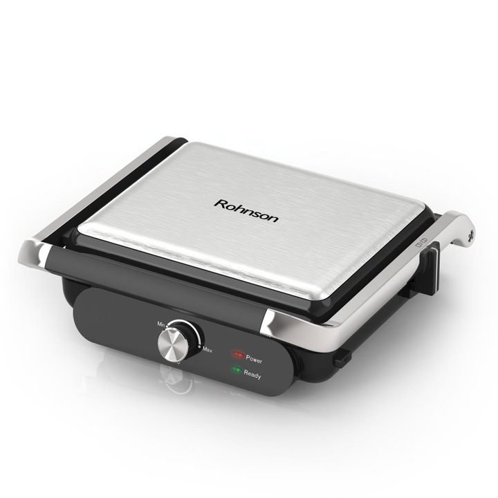 Grill electric Rohnson R2345, 2000W, placi detasabile ceramice 28 x 23cm, termostat reglabil, posibilitate deschidere la 180°, maner termoizolat, blocare maner, indicatii luminoase