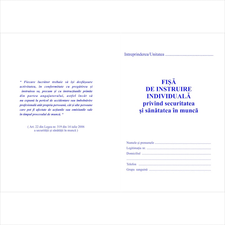 Fisa de Instruire pentru Protectia Muncii, S.S.M model 3. cu coperta groasa 170gr, Format A5, 16pag cu Test verificare cunostinte