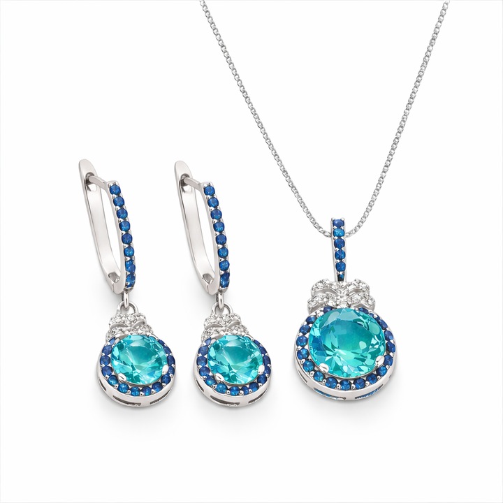 Set bijuterii din Argint 925 – Colier si Cercei cu Zirconiu Cubic Albastru si Strasuri, elegant si feminin -TUCON