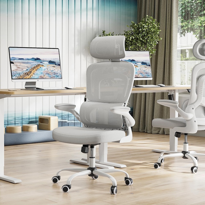 Scaun de Birou Ergonomic cu Tetiera, Spatar Respirabil, Cotiere Rabatabile, Roti 360°, Design Modern, Gri-Alb