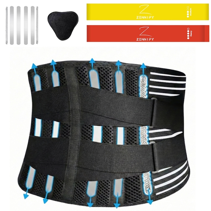 Centura Lombara Premium Zennify, Marime Ajustabila S-XL (60–125 cm), Unisex, 9 Zone Suport & 6 Tije, Suport Lombosacral 360°, Compresie Dubla, Corector Postura, Brau Medicinal, Amelioreaza Dureri Spate, 1 × Pad + 2 × Benzi Elastice Incluse