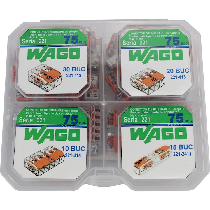 Set 75 conectori de îmbinare cu parghii, Wago, 4 mm, portocaliu/argintiu