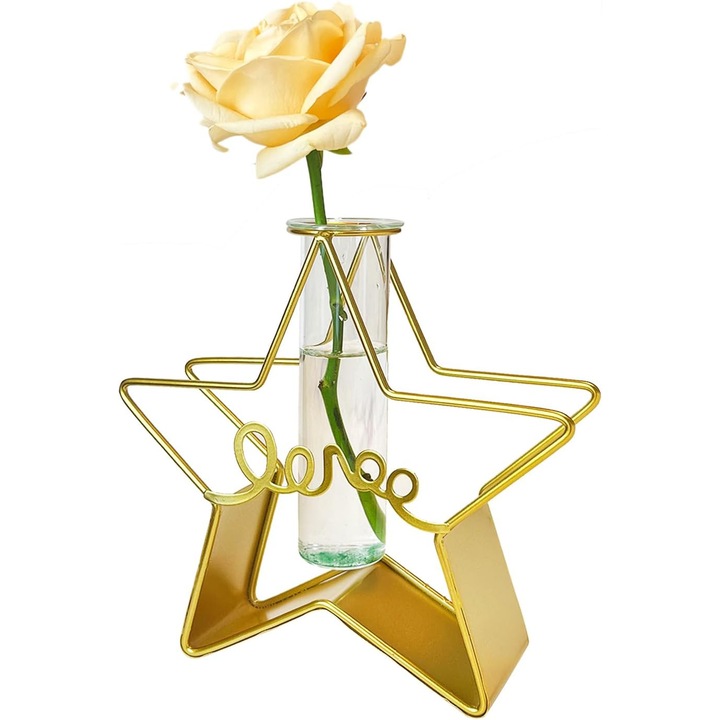 Vază decorativă, Delpi, metal și sticlă, formă de stea, Auriu/Transparent, 21x21x6.2cm