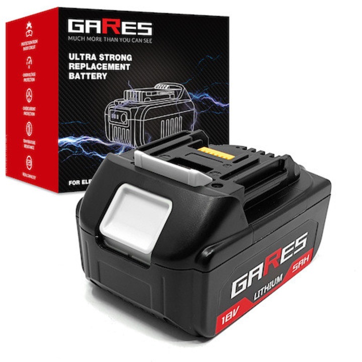 Baterie Gares 18V5000mAh Li-Ion pentru Makita BL1850B DUP361Z BL1850 DTW700Z DUC254Z DUC306ZB DUC355Z BL1815 DMR108 BL1830 DUC353Z, Protectie la supraincalzire si supraincarcare 6,8x7,5x11,6cm