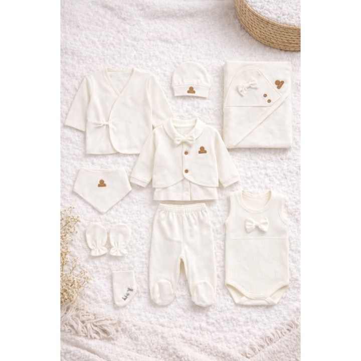 Set nou nascut 10 piese bebe, bumbac organic, alb, 0-3 luni, haine maternitate, set cadou