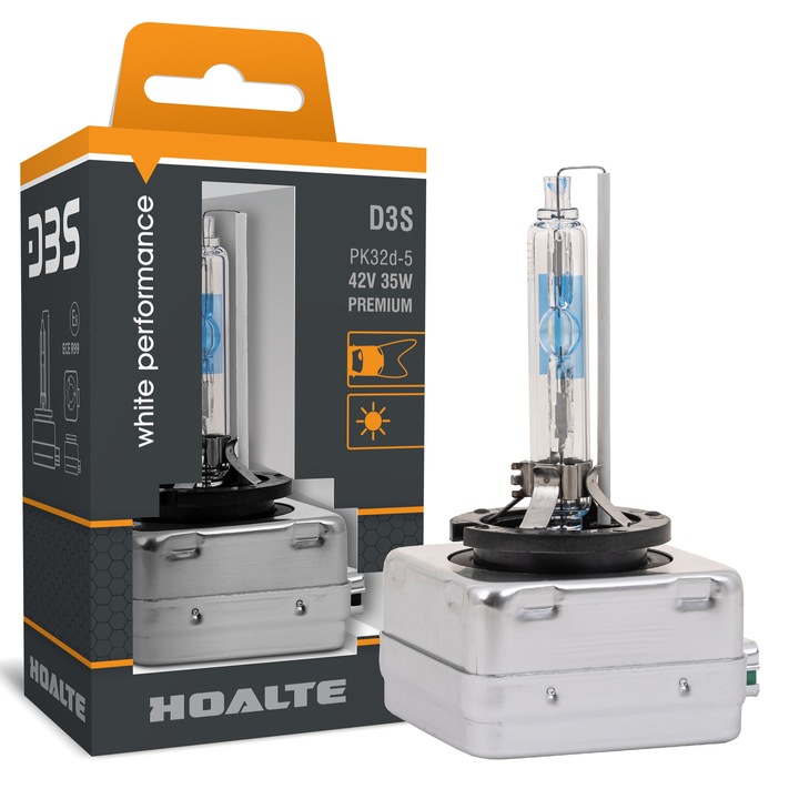 Bec xenon D3S Hoalte Premium White Performance +100%, temperatura 5800K, lumina alba rece, 35W, 42V, cu homologare E8, 1 bucata