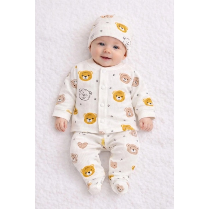 Set bebelusi 3 piese, bumbac rib, imprimeu ursuleti, bluzita cu capse, pantaloni si caciulita