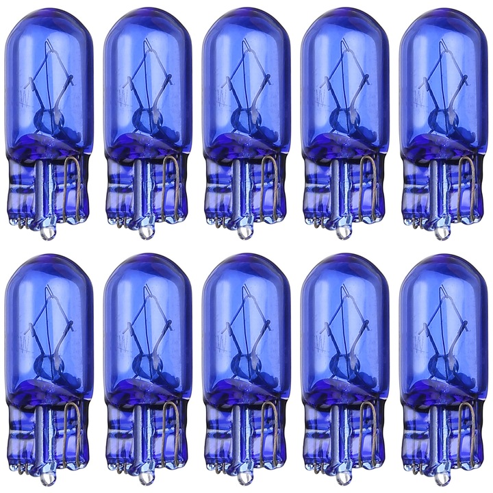 Set 10 becuri W5W HOALTE, 5W 12V, Super White Xenon Effect, ECE E4, pentru iluminat exterior, culoare albastra Lumina Alba Rece, Pentru Pozitii, Numar Inmatriculare Sau Interior, Sticla Albastra