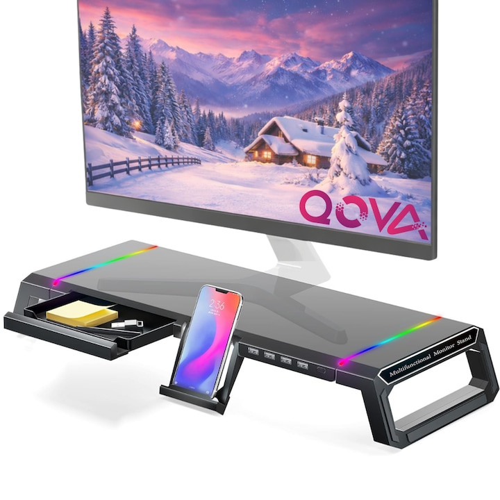 Monitor és Laptop tartó, Qova® Multifunkcionális Asztal, állítható RGB fényekkel és 4 USB porttal, tároló tálcával, telefontartóval és csúszásmentes talppal, ergonomikus, 2 módon/szinten állítható, ideális íróasztali rendező játékhoz vagy irodába, fekete