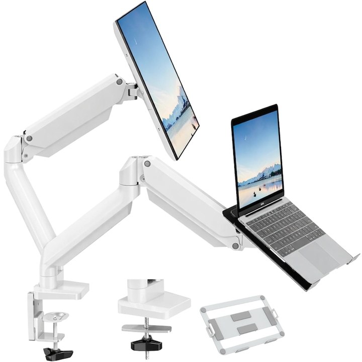 Suport Monitor dublu, pentru Birou, Multifunctional cu Brat dublu Reglabil, Suport Laptop inclus, Compatibil cu Ecrane de 17-32" inch, Pana la 9 kg, Organizator cabluri, VESA 100x100/75x75, Prindere cu clema/surub in blat, Design Elegant si Modern, Alb