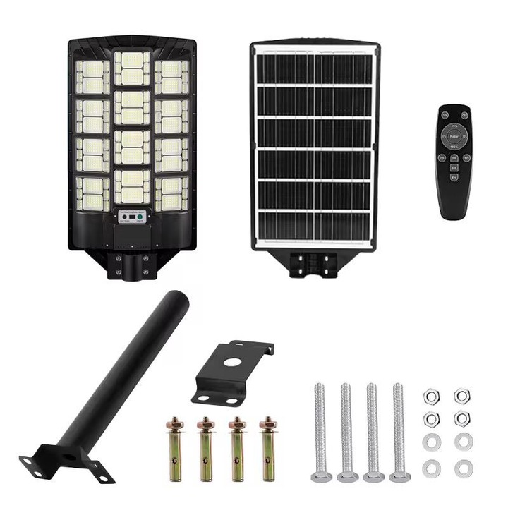 Lampa solara LED stradala exterior 10000 lm, 1200W echivalent, senzor de miscare 10 m, telecomanda, lumina alb rece 6000K, panou solar monocristalin, brat de montaj inclus, pentru curte, parcare, alee, drum, gradina, hala