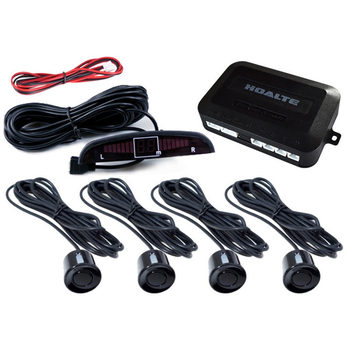 Set Senzori Parcare Auto, Hoalte, Cu 4 Receptoare, Negru, Display cu Buzzer, Rezistenta la apa, 12V