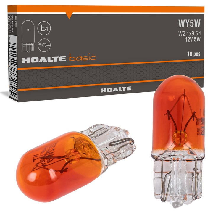 Becuri WY5W, 10 bucati, pomarantiu, 12V, 5W, W2.1x9.5d, Eu homologate, Semnalizare galben soclu sticla