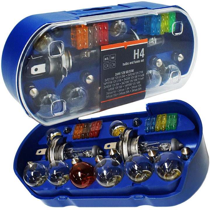 Set becuri si sigurante auto, 30 elemente Hoalte, H4 12V 60/55W, dimensiuni 9 x 19.5 x 5.5 cm, omologare europeana
