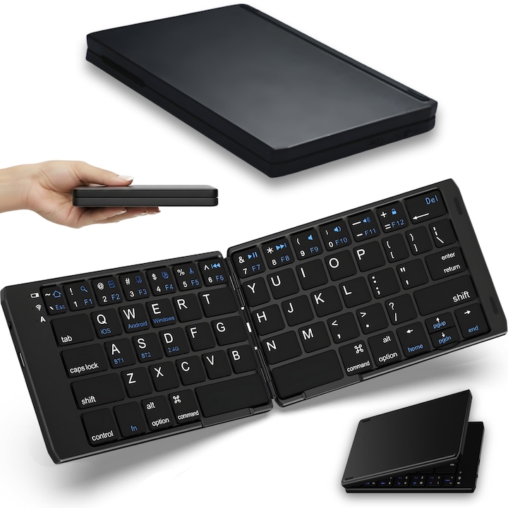 Tastatura Pliabila Wireless Gavriet™, Ultra Subtire si Usoara, Bluetooth 5.0, Compatibila Smart TV, Android, iOS, Perfecta de Travel & Munca Remote, 3 Conectari Concomitente, 60 Ore Autonomie, Baterie Reincarabila USB-C, 150g, Negru