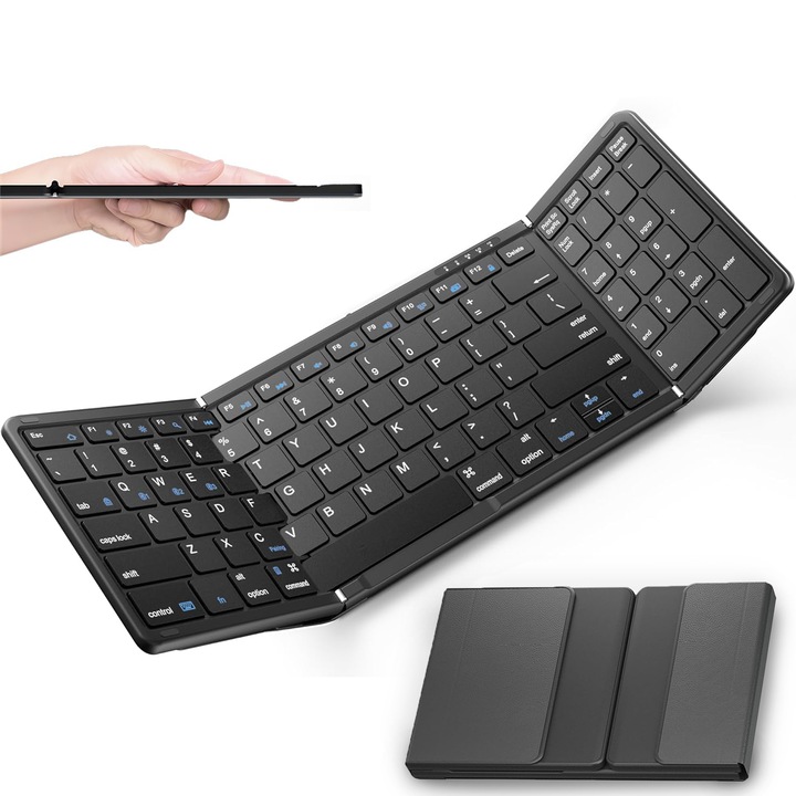 Tastatura Pliabila Wireless Gavriet™, Ultra Subtire si Usoara, Bluetooth 5.0, Compatibila Smart TV, Android, iOS, Perfecta de Travel & Munca Remote, Tastatura Numerica, 3 Conectari Concomitente, 90 Ore Autonomie, Baterie Reincarabila USB-C, 265g, Negru