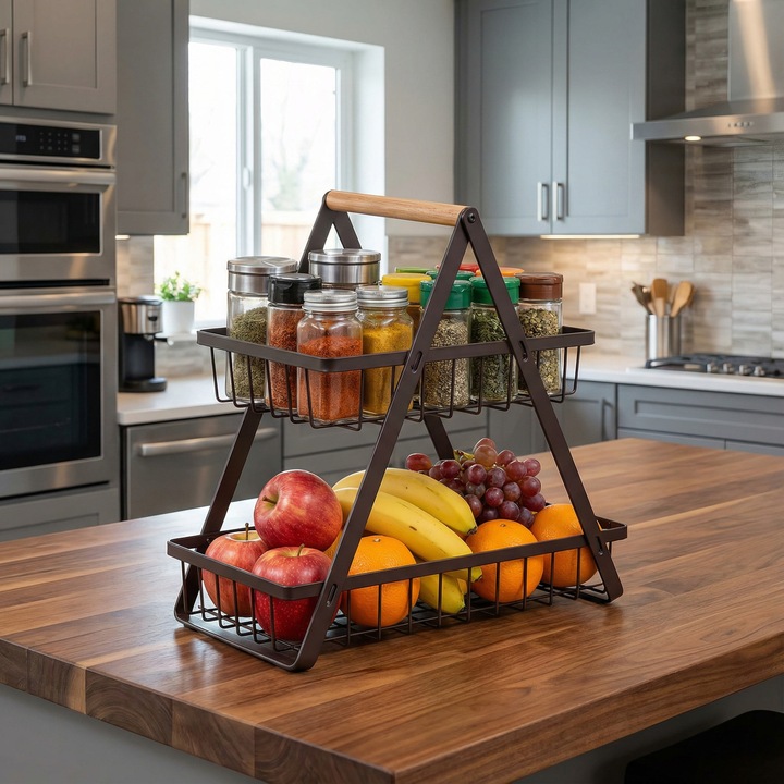 Raft organizator cu 2 nivele, maner din lemn, negru, 22x14x23, 5 cm