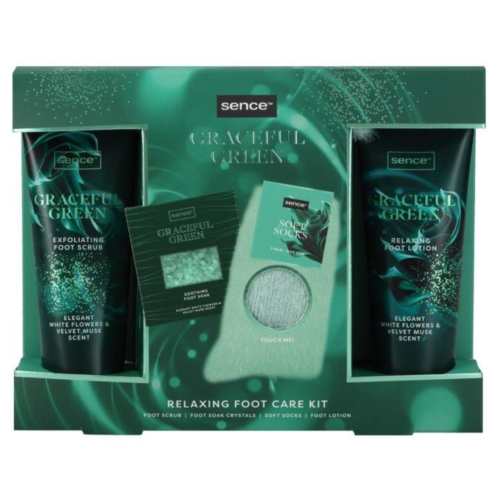 Sence Graceful Green lábápoló ajándékszett, 4 termék, White Flowers & Velvet Musk illat, univerzális zokni