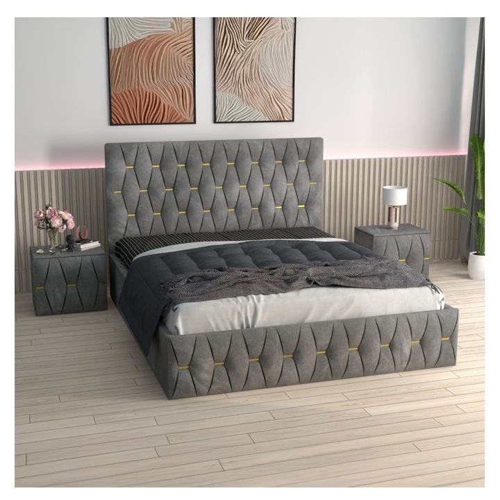 Set Pat Tapitat Eric Gri 180x200, Saltea Ortopedica si Noptiere Tapitate