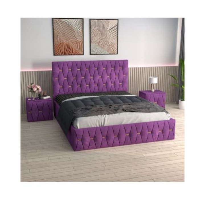 Pat Tapitat Eric Mov AmzMob cu Saltea Ortopedica 160x200cm si Noptiere Tapitate x2 buc