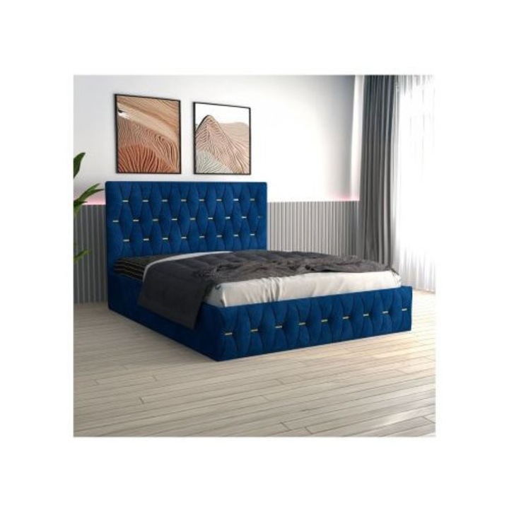 Pat Tapitat Eric Albastru AmzMob cu Saltea Ortopedica 160x200cm
