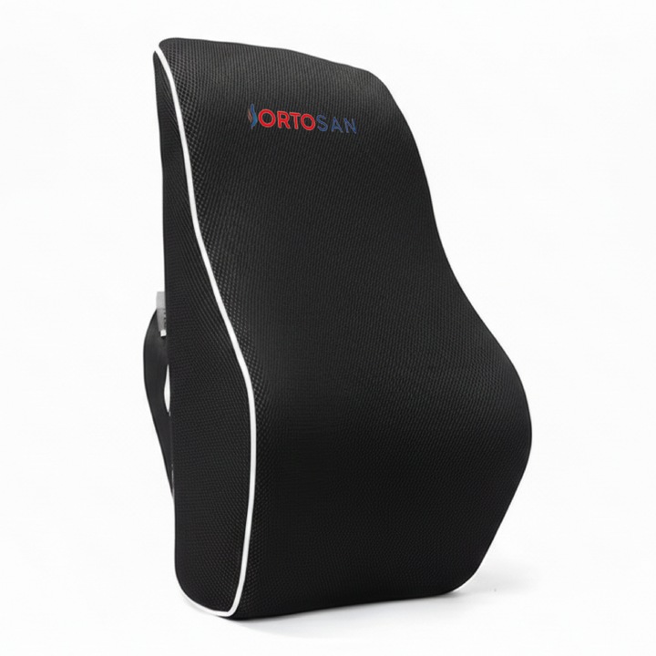 Perna Ortopedica Spate Ortosan®, Spuma Memorie Densitate Mare, Perna Lombara Suport Corect Coloana, Curea Elastica Fixare Scaun, Husa Mesh 3D Detasabila, Ergonomie Avansata, Birou, Auto, Acasa, Perna Ortopedica Spate, Negru