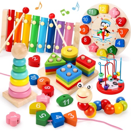 Jucarii din lemn 6 in 1 pentru copii mici, include stivuire, sortare, xilofon