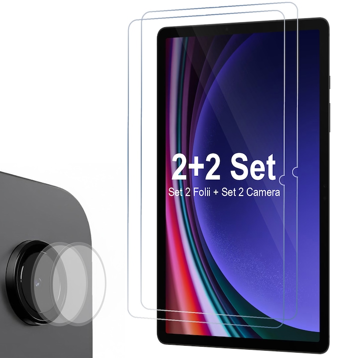 Set 2 folii din sticla securizata 2.5D + 2 protectii camera pentru Samsung Galaxy Tab S9 11" si Galaxy Tab S9 FE / S10 FE 10.9" / S10 Lite, Full Cover, duritate 9H, HD Clear, 0.33mm, aplicare fara bule