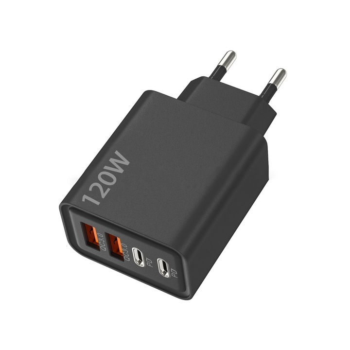 Incarcator Rapid 120W cu 4 Porturi, Compatibil Multi-Protocol (PD3.0/QC3.0), 2 USB-A + 2 USB-C, Incarcare Simultana 4 Dispozitive, Protectie Inteligenta Multi-Nivel, Negru, Compact