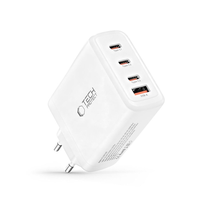Incarcator retea Tech-Protect NC120W-GAN, 3x USB-C, 1x USB-A, Power Delivery 120W, Alb