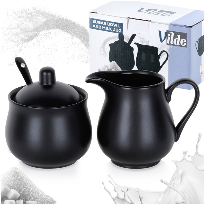 Set De Lapte Si Zahar, Vilde, 3 Articole Incluse, 6.5x6.5x7.5 cm, 7x7x9 cm, 10 cm, Fabricat Din Portelan, Design Modern, Usor De Utilizat, Potrivit Pentru Masina De Spalat Vase, Materiale De Inalta Calitate, Negru