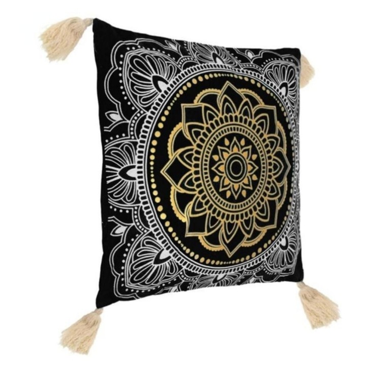 Perna decorativa, model mandala cu ciucuri pe colturi, bej, cu model auriu/alb, 45x45x8cm