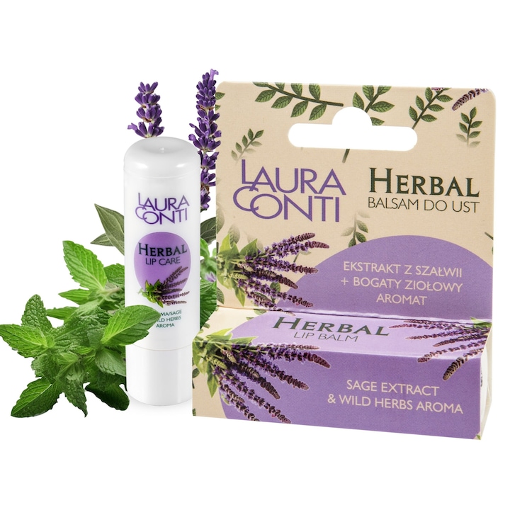 Balsam de buze, Laura Conti Herbal, Ruj protector cu salvie, Unt de shea, Ceara de albine, Regenerator, Aroma intensa de plante, 8,3 g