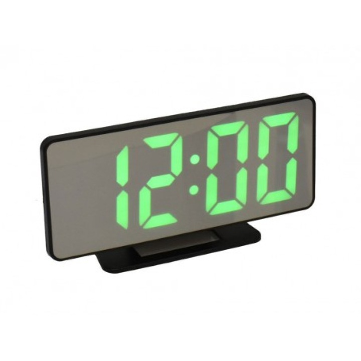 Asztali óra, zöld LED, tükör kijelző, méretek 18x7.6x2.6cm