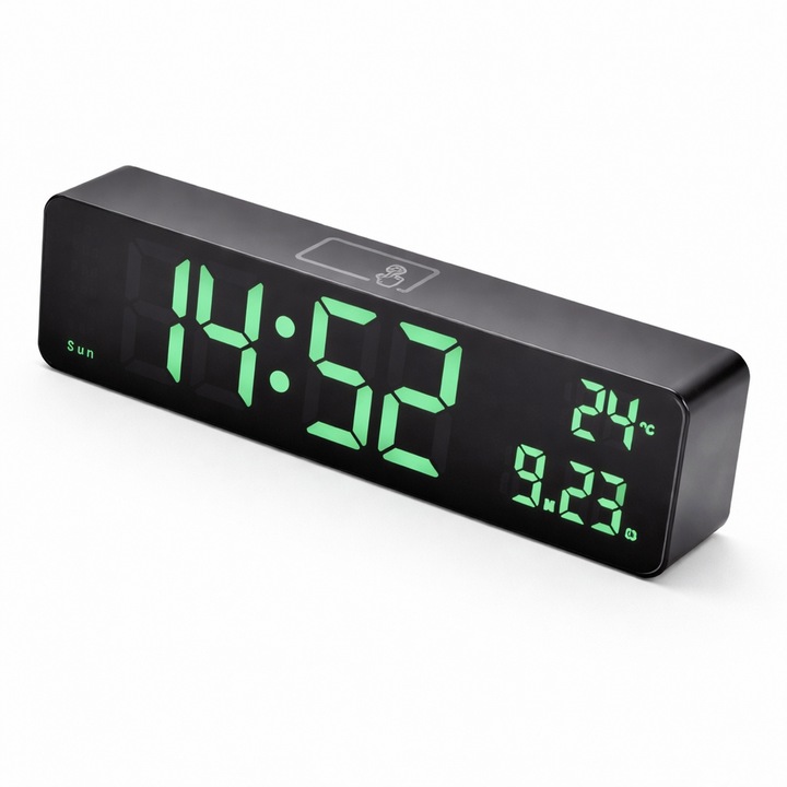 Ceas de masă, afisaj LED verde, control vocal, dimensiuni 26x3.9x7cm, carcasa neagră