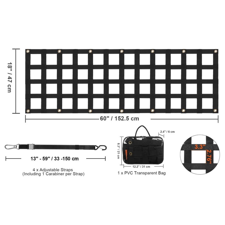 Autó csomagtérháló, 60x18in, nagy teherbírású kivitel, 600 lbs kapacitás, komplett készlet állítható hevederekkel