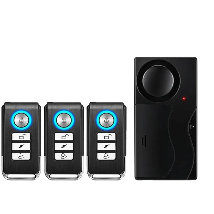 Alarma antifurt cu telecomanda, sensibilitate ajustabila, set 1host 3remote, 108dB, plastic ABS