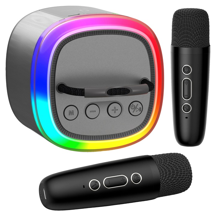 Masina de karaoke portabila, microfoane wireless, conectivitate Bluetooth, bej, 5W, 6-8 ore utilizare