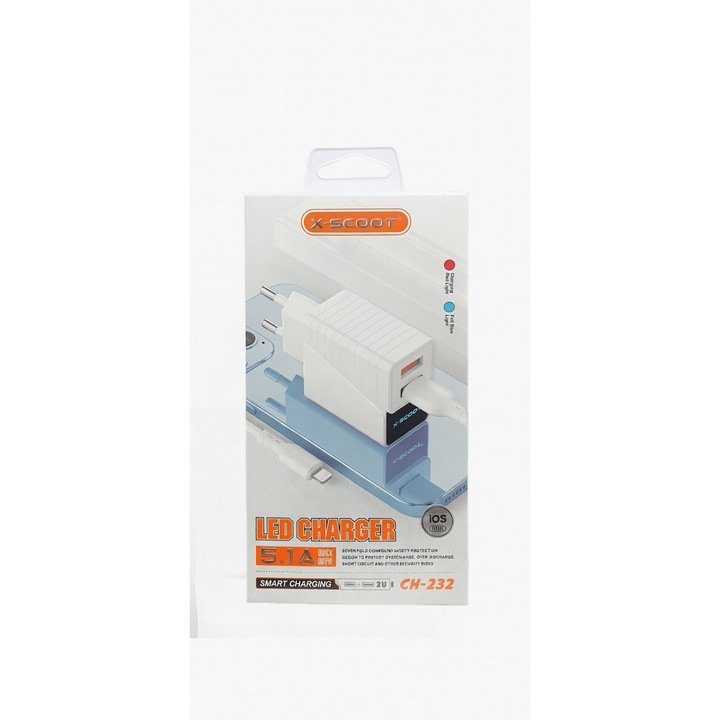 Incarcator Rapid pentru iPhone 5.1A – Lightning, Incarcare si Transfer Date, Durabil, 2 porturi USB, cablu 1m inclus, alb