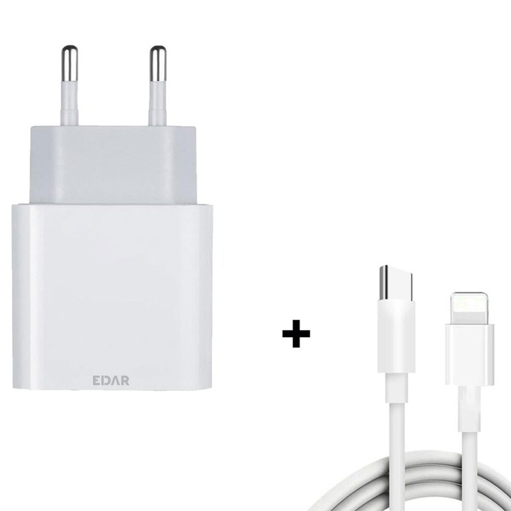 Incarcator Rapid EDAR Pentru Telefoane/Tablete, Cablu USB Tip C La Lightning, Stecher Priza, Alb