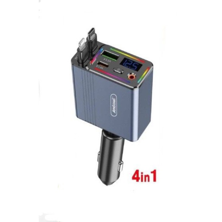 4 az 1-ben autós töltő, kihúzható USB-C és Lightning/iPhone kábelek, szürke