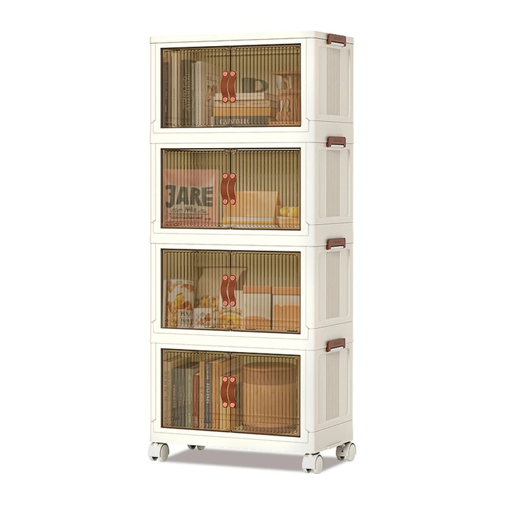 Dulap de depozitare multifunctional, Dulap de living, 4 niveluri, cu sertare, cu roti, stivuibil, capacitate mare, plastic, alb