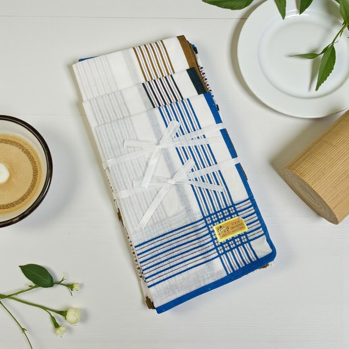 Set 12 Batiste Barbati din Bumbac 100 %, 42 x 42 xm Alb cu dungi color subtiri