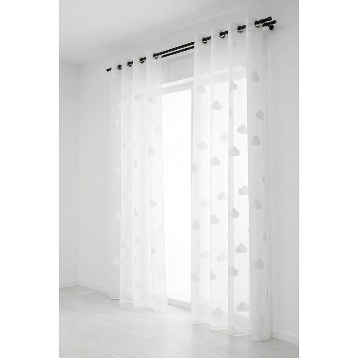 Perdea alba cu nori din etamina decorativa, 140x240 cm, design elegant