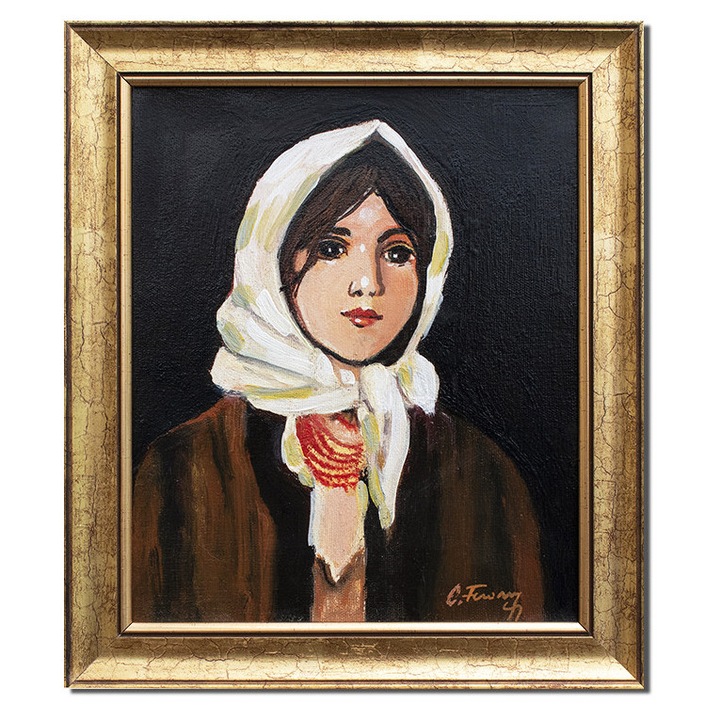 Tablou celebu pictat manual inramat, Portret de tarancuta cu basma alba, 35x30cm ulei pe panza rama din lemn, reproducere Nicolae Grigorescu