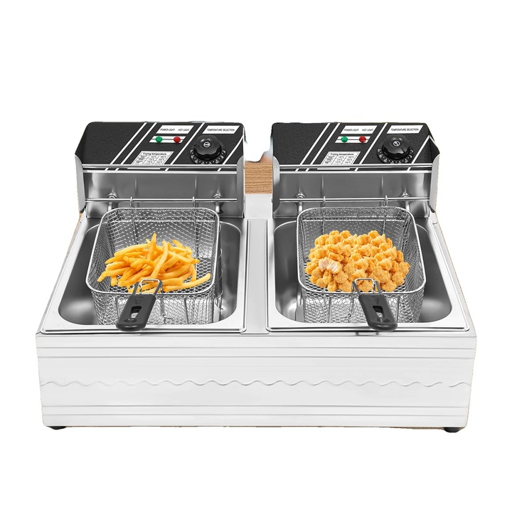 Friteuză electrică cu două compartimente, 5000W, 6L, oțel inoxidabil, 55x44x15cm, Argintiu