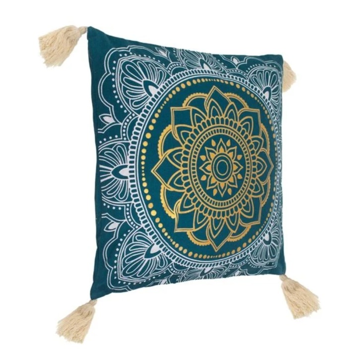 Perna decorativa, model mandala, verde, cu model auriu/alb, 45x45x8cm