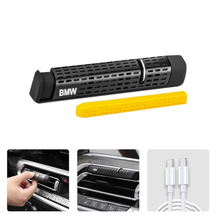 Set Odorizant MagAuto pentru BMW - Parfum Solid Reincarcabil, Baza din Silicon, Design Discret de inalta calitate, Suport Parfum Negru + 1 Parfum Solid Galben (Apa de Colonia), Cablu USB-C