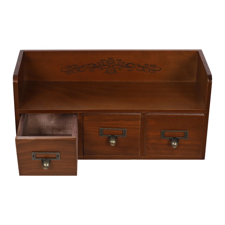 Organizator birou retro, 3 sertare, lemn de pin, maro, 38, 5x14, 5x18, 5cm