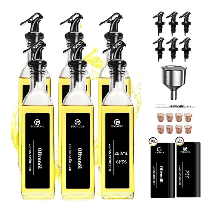 Set de 6 sticle dozatoare pentru ulei, sticla transparenta, 250ml, design fara picurare